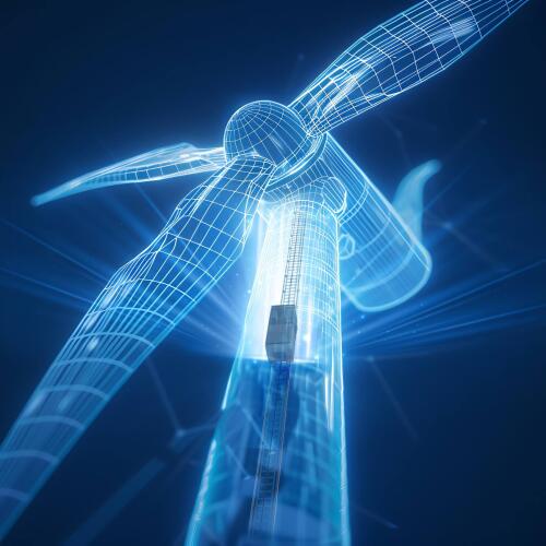 Industrihiss GEDA SH 250 W. Mörk bakgrund med en vindkraftsturbin. 